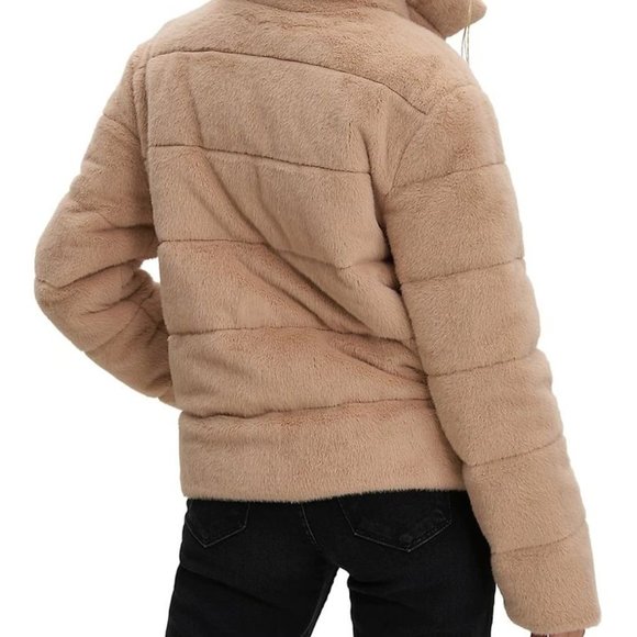 Women's Small Faux Fur Short Puffer Jacket - Picture 3 of 4